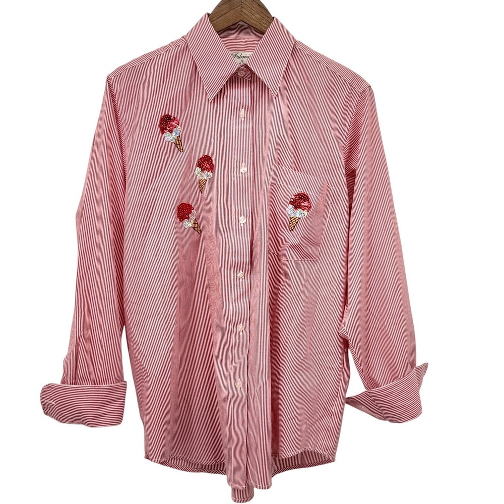 Fabrizio by Afico Striped Button Up Shirt Womens M New VTG Ice Cream Sequins